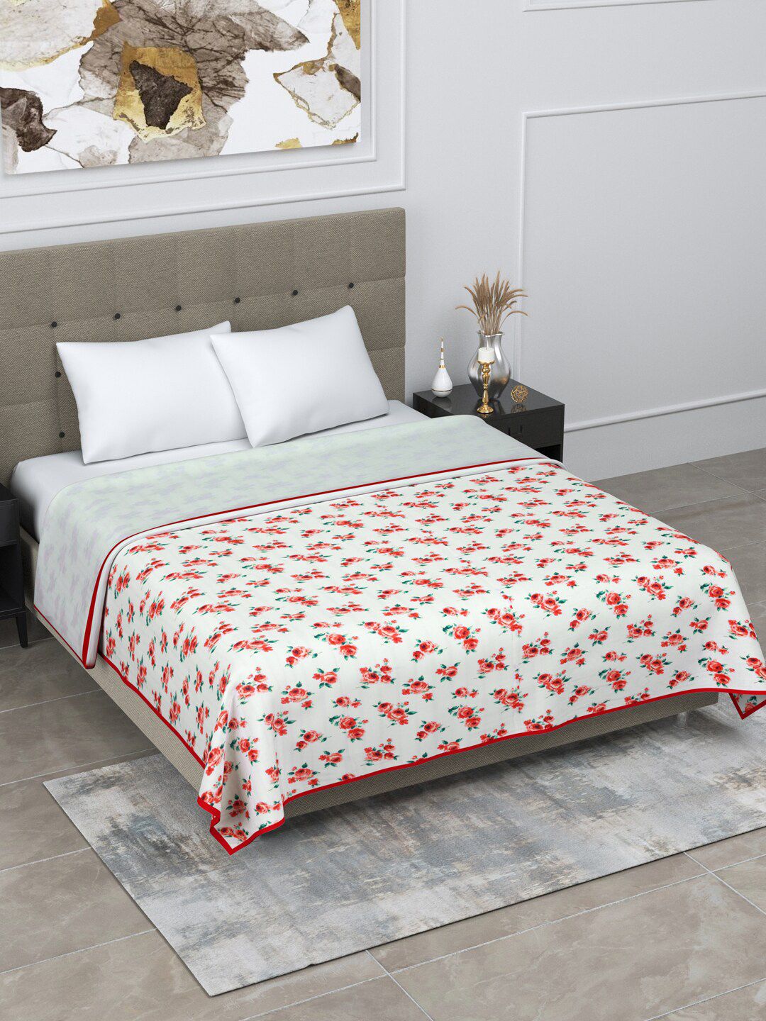 BOMBAY DYEING Red & White Floral Printed 150 GSM AC Room Double Bed Cotton Dohar Price in India