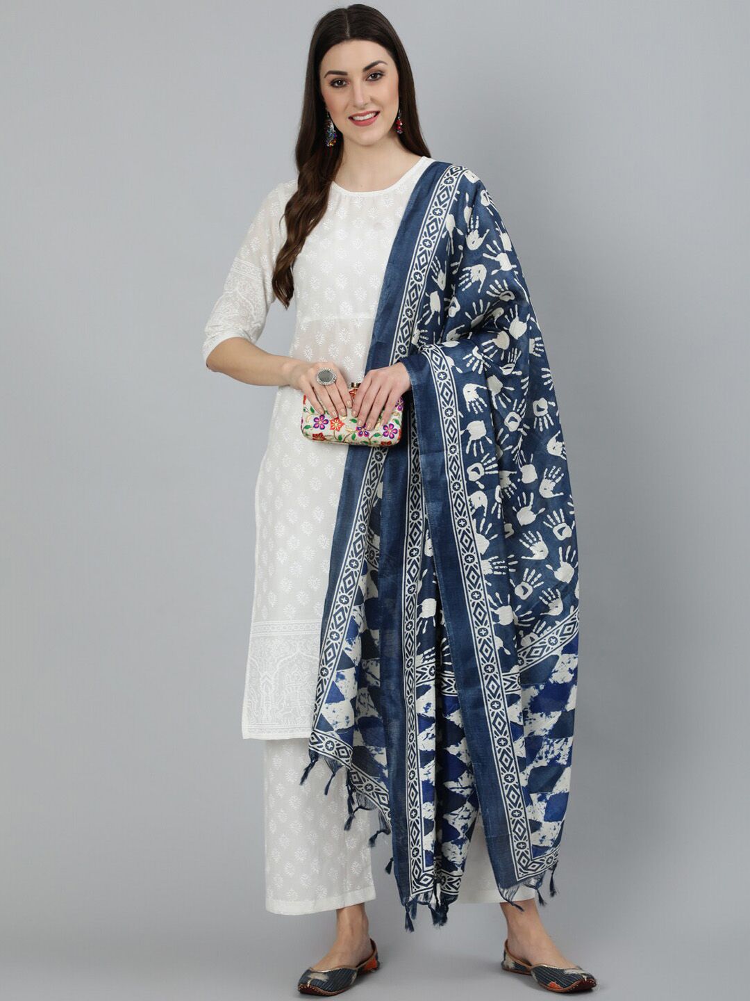 Nayo Women Off White Ethnic Motifs Layered Pure Cotton Kurta with Palazzos & With Dupatta Price in India