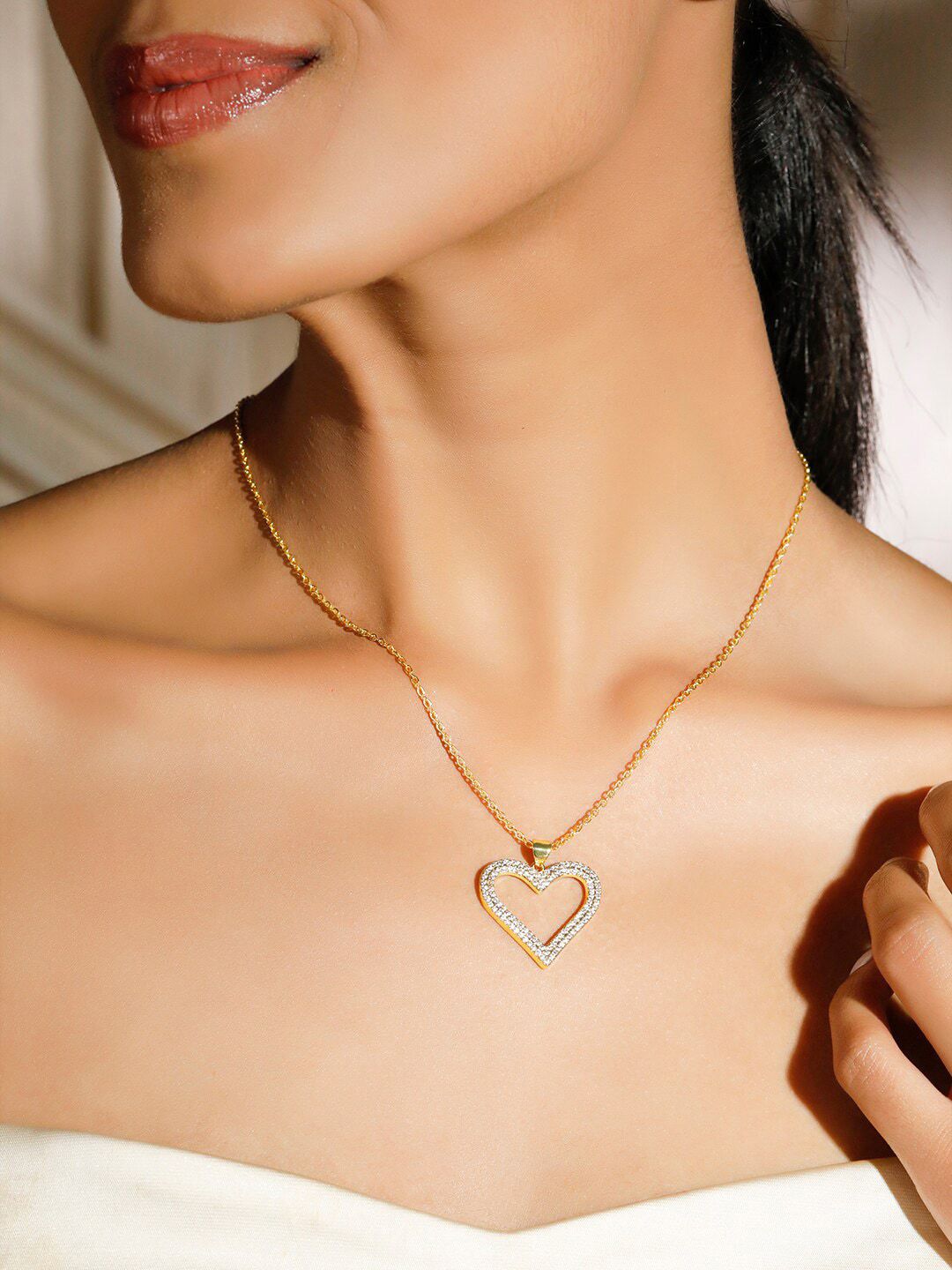 Rubans Voguish Women Gold-Plated Heart Shaped Pendant Studded Chain Price in India