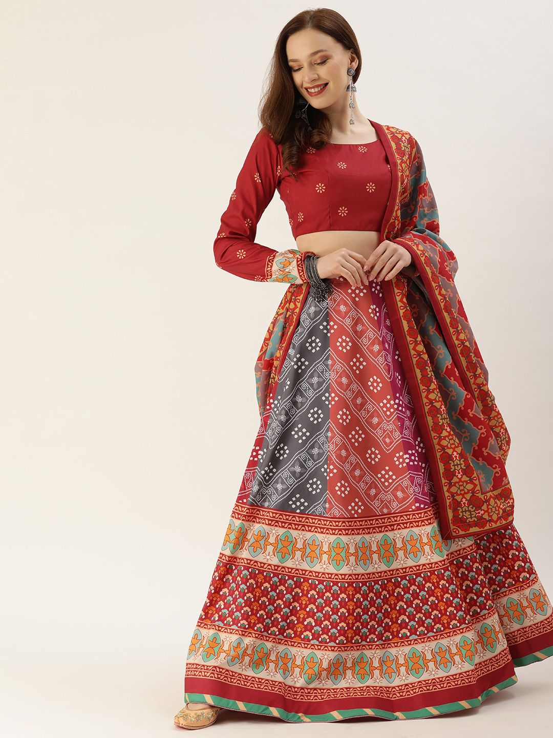 LOOKNBOOK ART Maroon & Blue Printed Semi-Stitched Lehenga & Unstitched Blouse With Dupatta Price in India