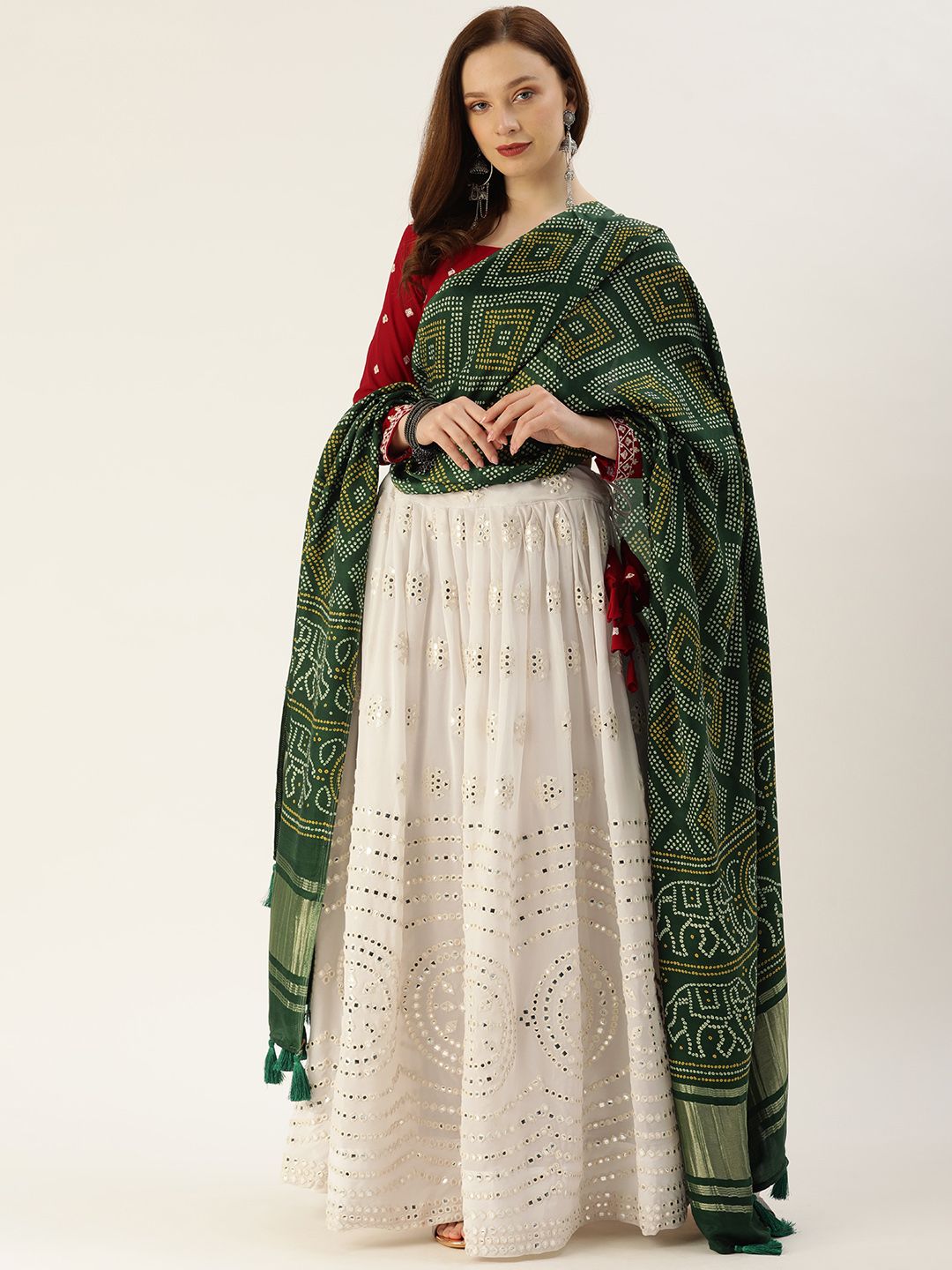 LOOKNBOOK ART White & Maroon Embroidered Mirror Work Semi-Stitched Lehenga & Unstitched Blouse With Dupatta Price in India