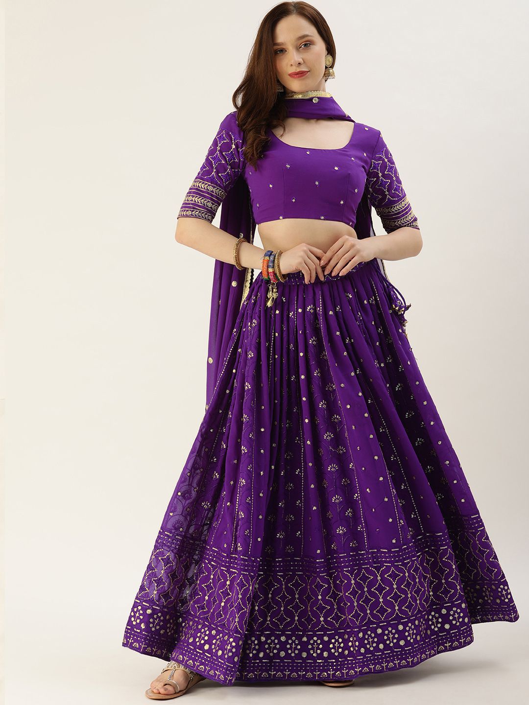 LOOKNBOOK ART Purple & Gold-Toned Embellished Sequinned Semi-Stitched Lehenga & Unstitched Blouse With Price in India