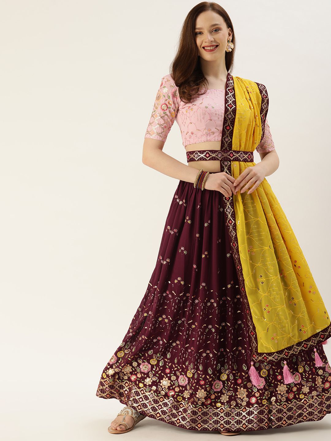 LOOKNBOOK ART Purple & Peach-Coloured Embroidered Sequinned Semi-Stitched Lehenga & Unstitched Blouse With Price in India