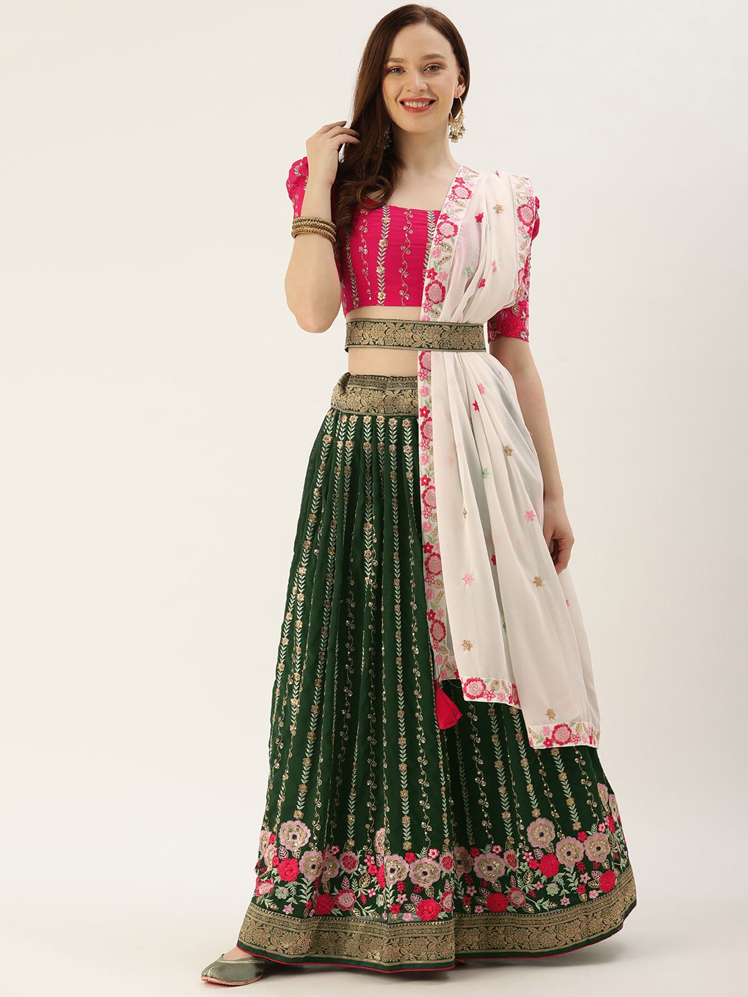 LOOKNBOOK ART Green & Fuchsia Embroidered Sequinned Semi-Stitched Lehenga & Unstitched Blouse With Dupatta Price in India