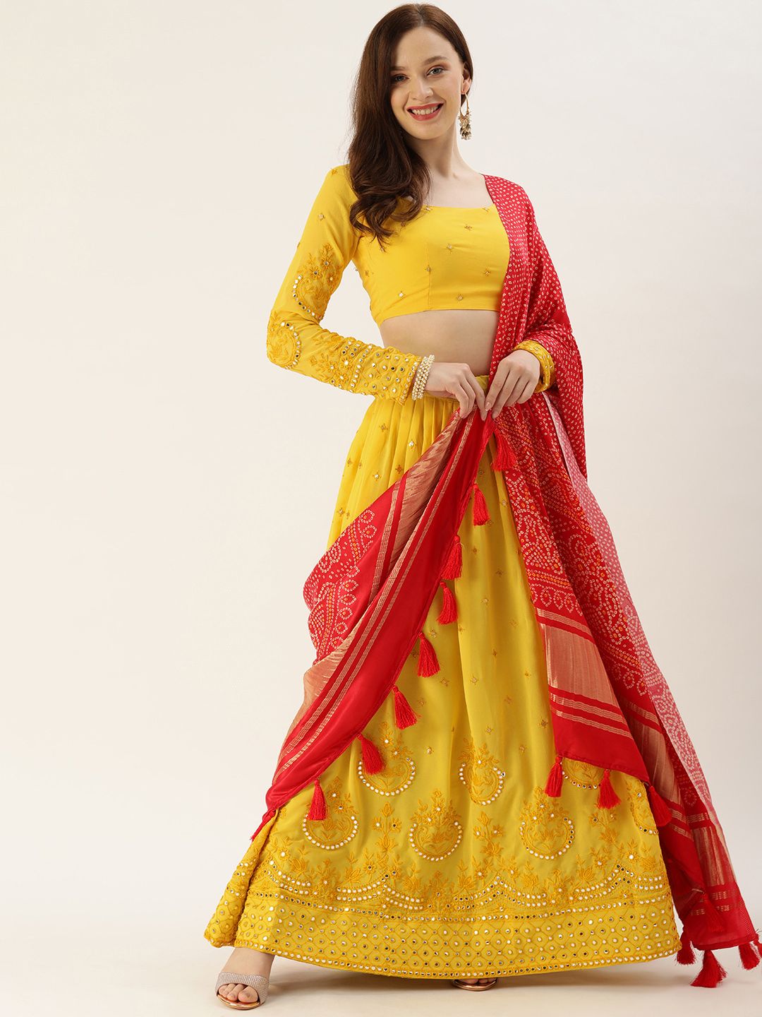 LOOKNBOOK ART Yellow & Red Embellished Sequinned Semi-Stitched Lehenga & Unstitched Blouse With Dupatta Price in India