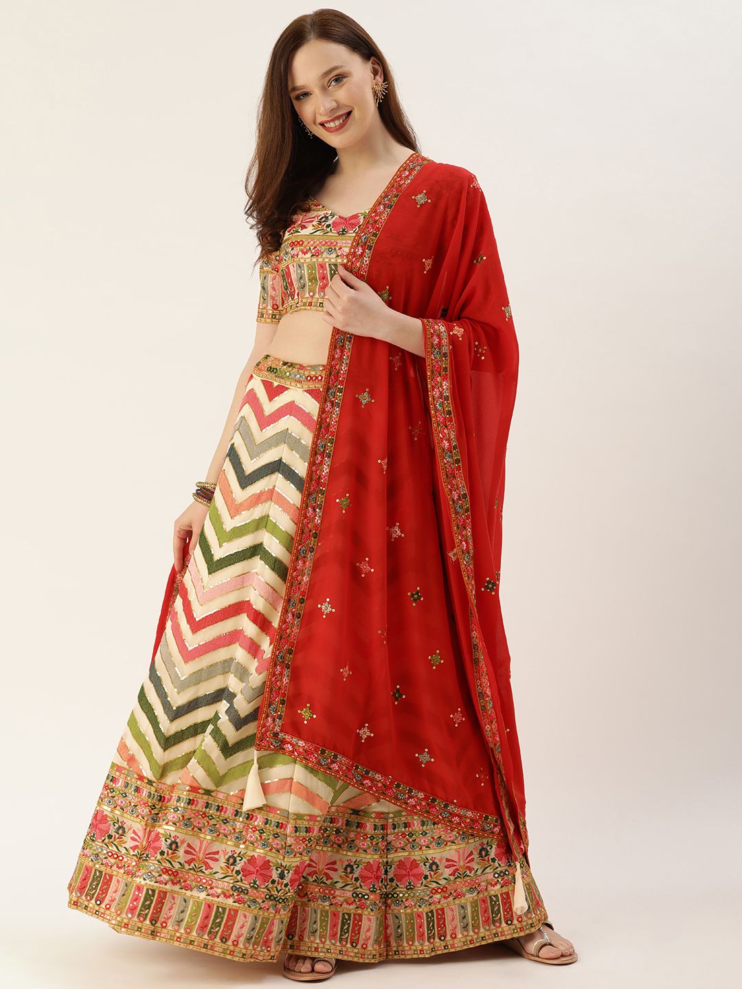 LOOKNBOOK ART Multicoloured Embroidered Sequinned Semi-Stitched Lehenga & Unstitched Blouse With Dupatta Price in India
