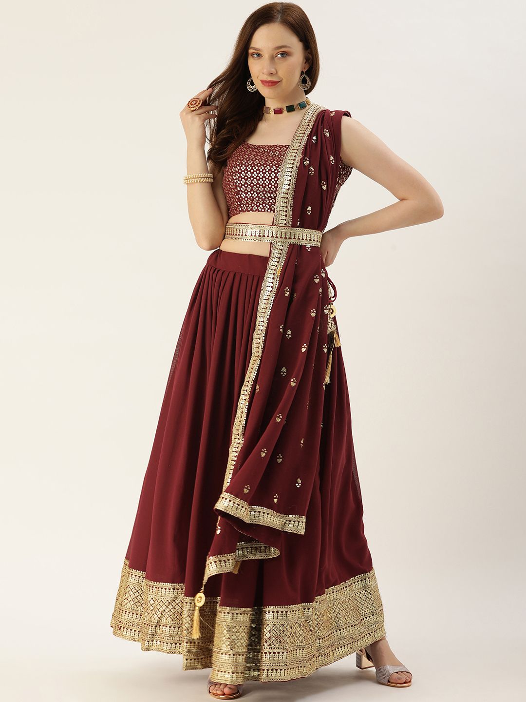 LOOKNBOOK ART Maroon & Gold-Toned Embellished Sequinned Semi-Stitched Lehenga & Unstitched Blouse With Price in India