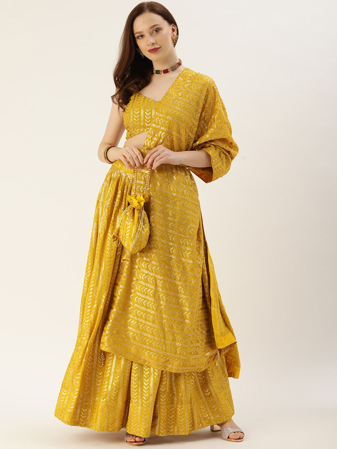 LOOKNBOOK ART Mustard & Gold-Toned Embellished Sequinned Semi-Stitched Lehenga & Unstitched Blouse With Price in India
