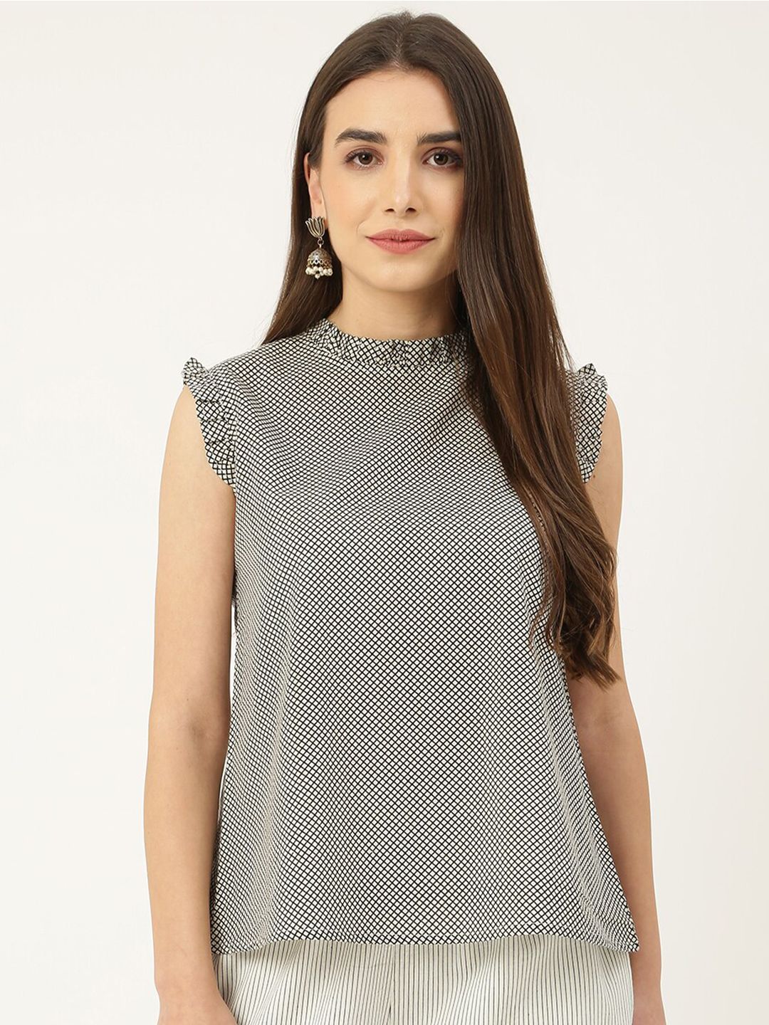 DECKEDUP White & Black Flutter Sleeves Pure Cotton Print Top