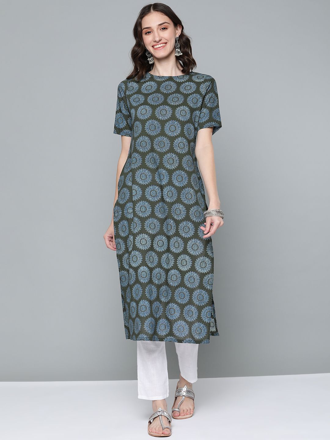 HERE&NOW Women Olive Green & Blue Ethnic Motifs Printed Pure Cotton Kurta Price in India
