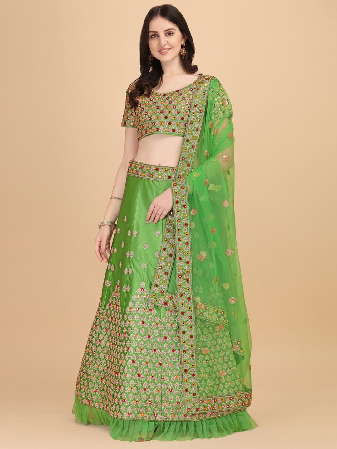 Amrutam Fab Fluorescent Green Semi-Stitched Lehenga & Unstitched Blouse With Dupatta Price in India