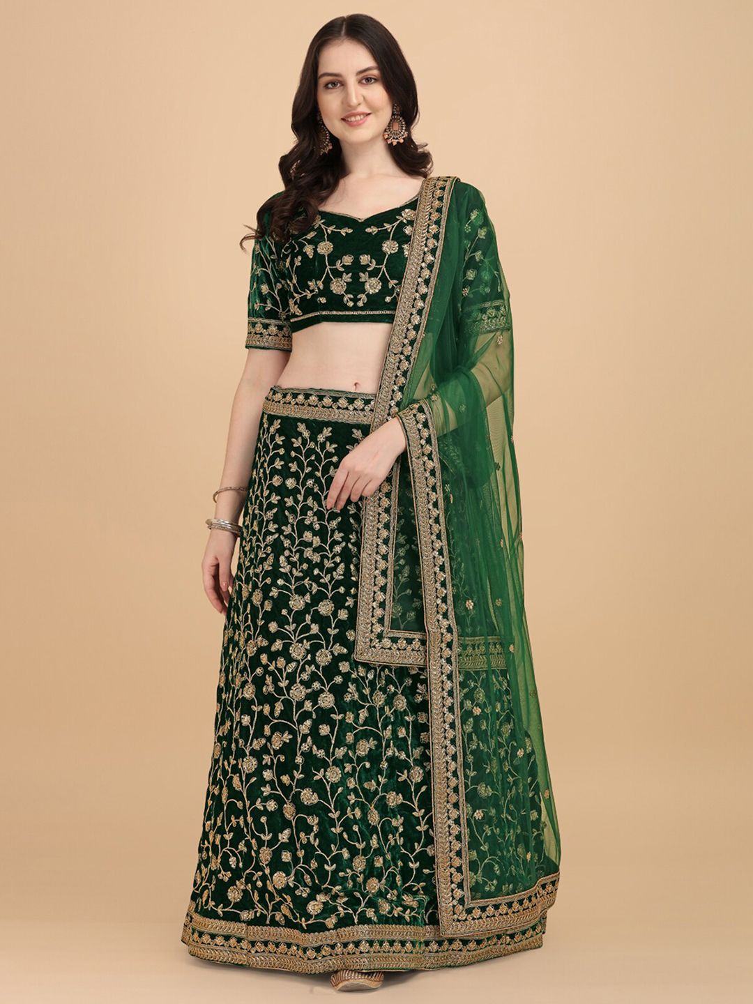 Amrutam Fab Green & Golden Velvet Semi-Stitched Lehenga & Unstitched Blouse With Dupatta Price in India