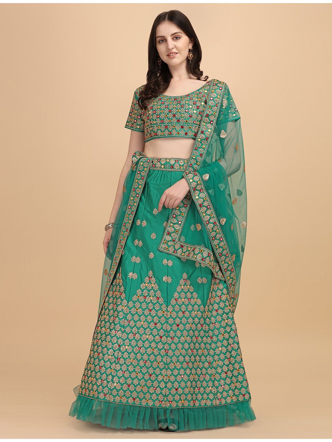 Amrutam Fab Green & Gold-Toned Embroidered Thread Work Semi-Stitched Lehenga & Unstitched Blouse With Price in India