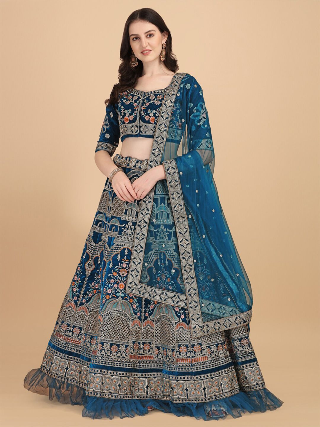 Amrutam Fab Blue & Silver-Toned Semi-Stitched Lehenga & Unstitched Blouse With Dupatta Price in India