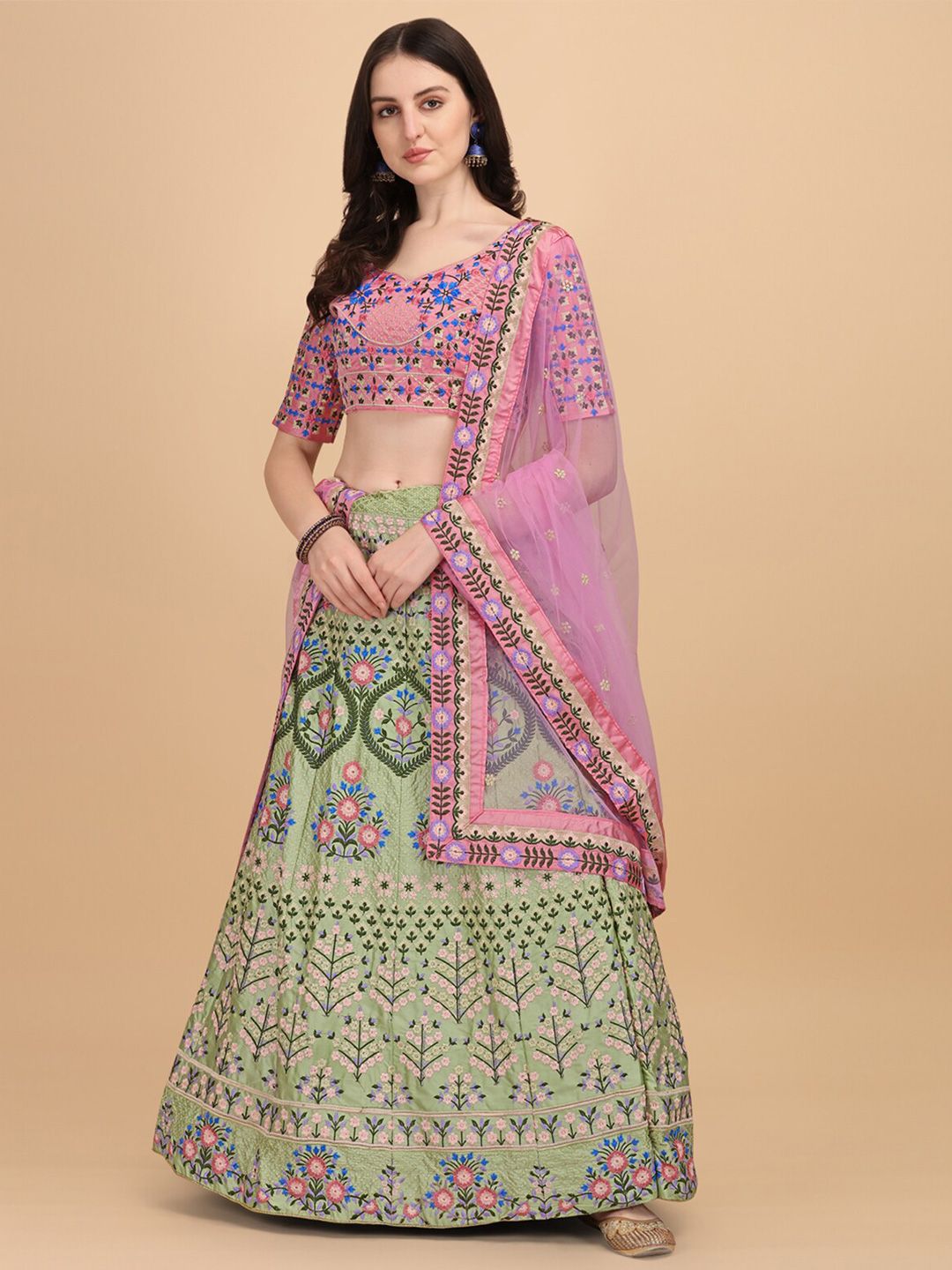 Amrutam Fab Sea Green & Pink Embroidered Semi-Stitched Lehenga & Blouse With Dupatta Price in India