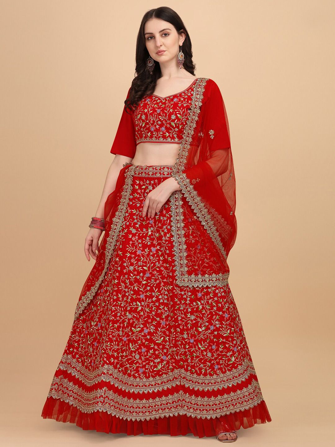 Amrutam Fab Red & Silver-Toned Semi-Stitched Lehenga & Unstitched Blouse With Dupatta Price in India