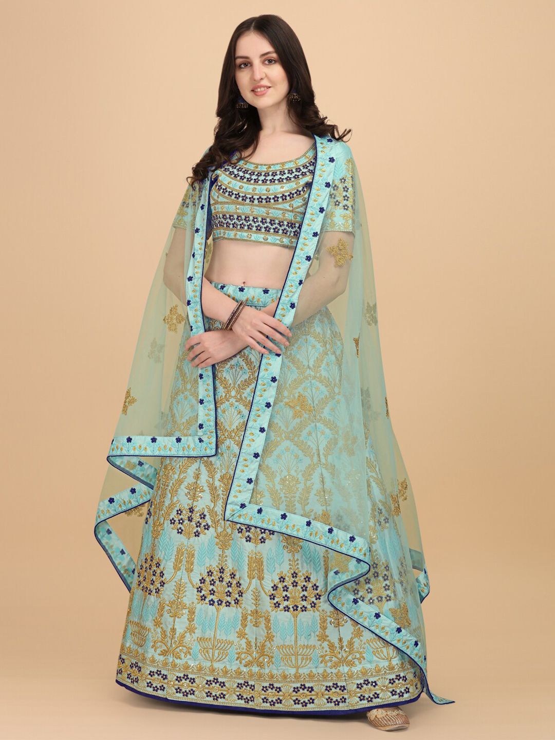Amrutam Fab Turquoise Blue & Golden Semi-Stitched Lehenga & Unstitched Blouse With Dupatta Price in India
