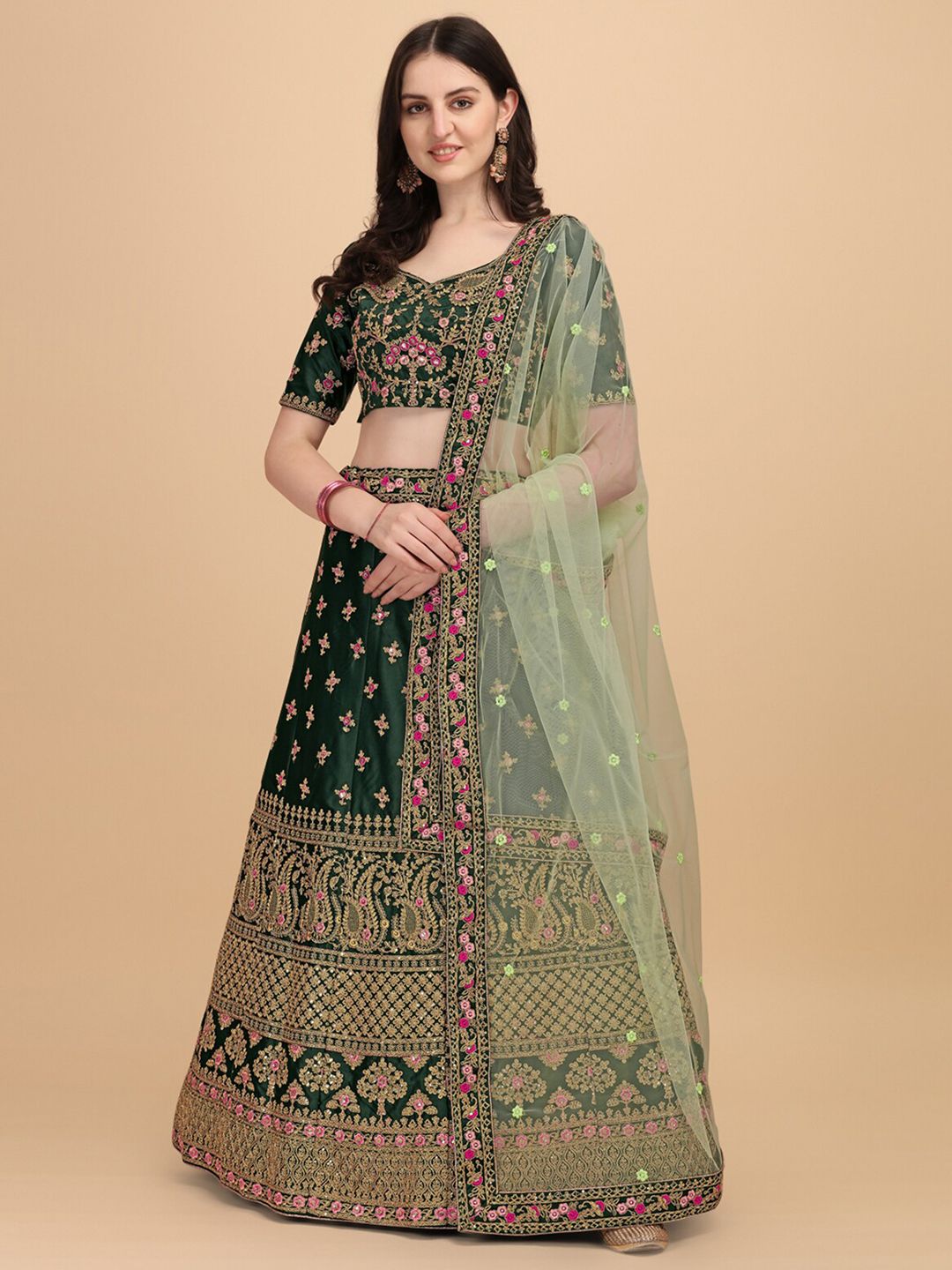 Amrutam Fab Green Embroidered Thread Work Semi-Stitched Lehenga & Unstitched Blouse With Dupatta Price in India