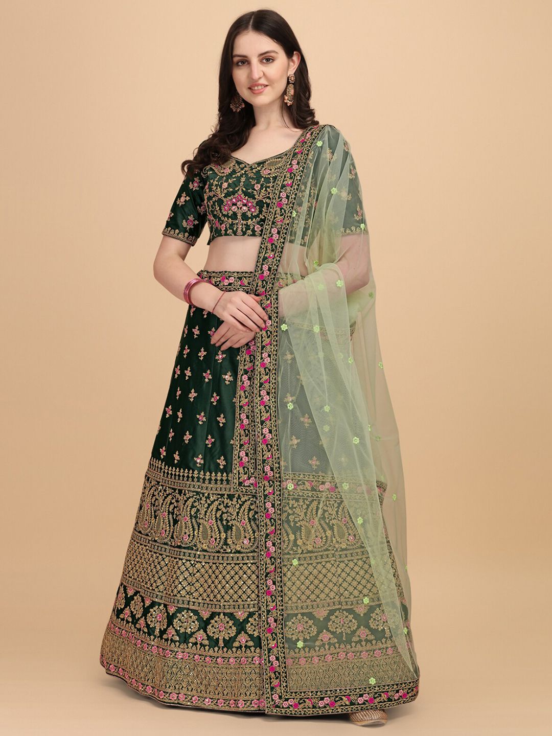 Amrutam Fab Green Embroidered Thread Work Semi-Stitched Lehenga & Unstitched Blouse With Dupatta