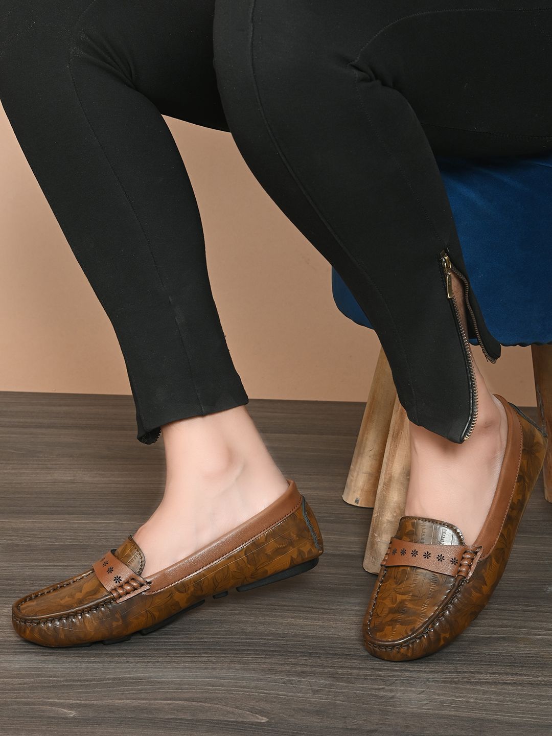 El Paso Women Brown Self design Printed Slip-On Loafers Price in India
