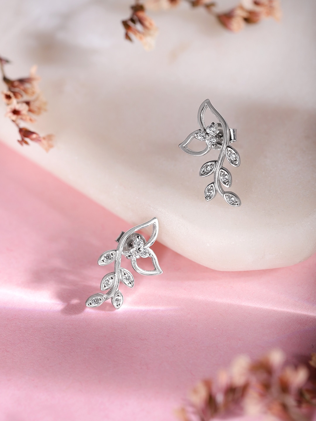 Zavya Silver-Toned 925 Sterling Silver Leaf Shaped Drop Earrings Price in India