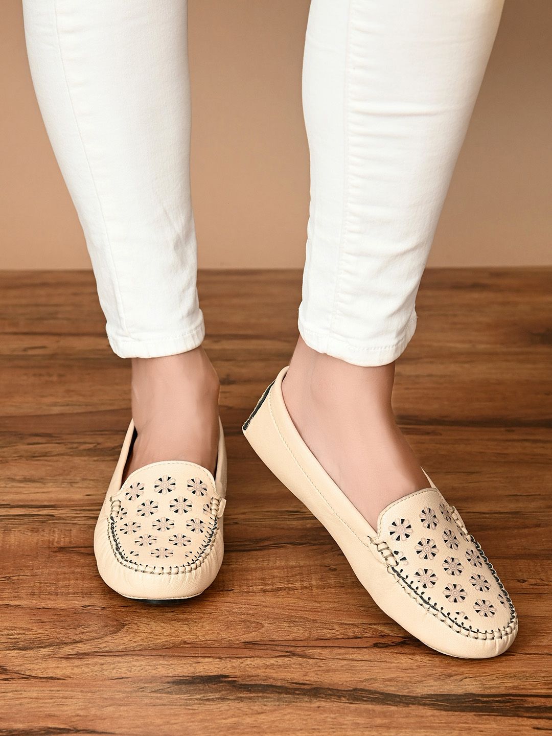 HERE&NOW Women Beige Lightweight Loafers with Laser Cuts Price in India