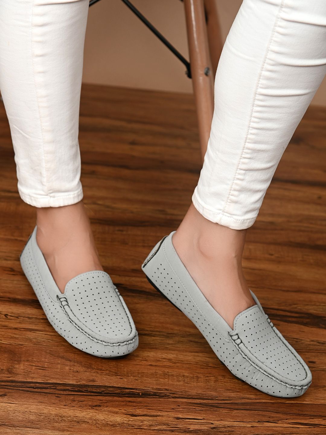 HERE&NOW Women Grey Faux Leather Perforations Casual Slip On Loafers Price in India