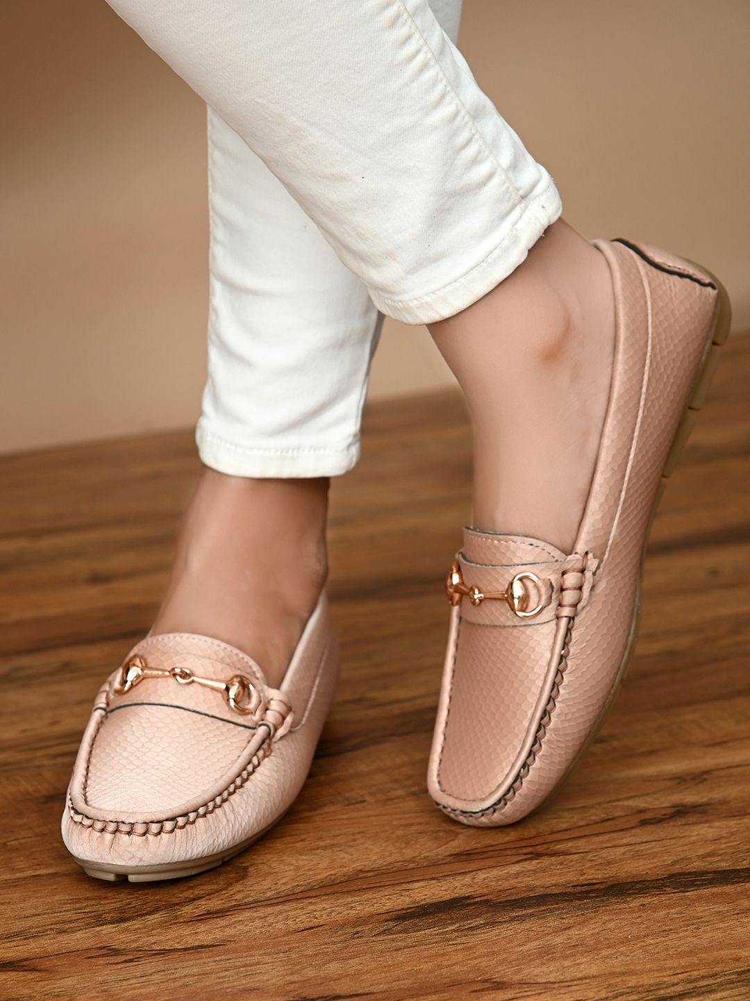 HERE&NOW Women Pink Textured Faux Leather Loafers Price in India