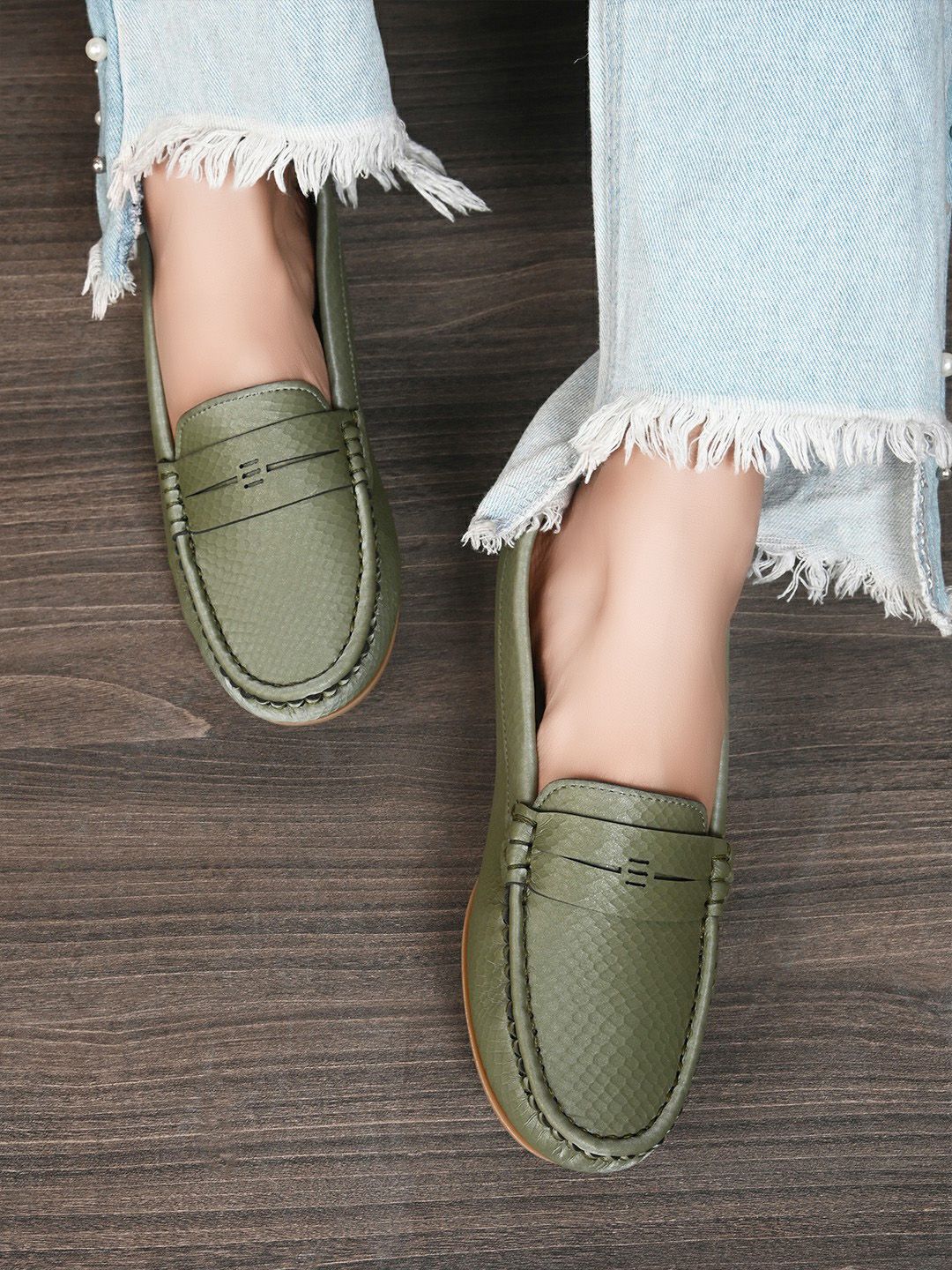HERE&NOW Women Green Textured Slip-On Loafers Price in India