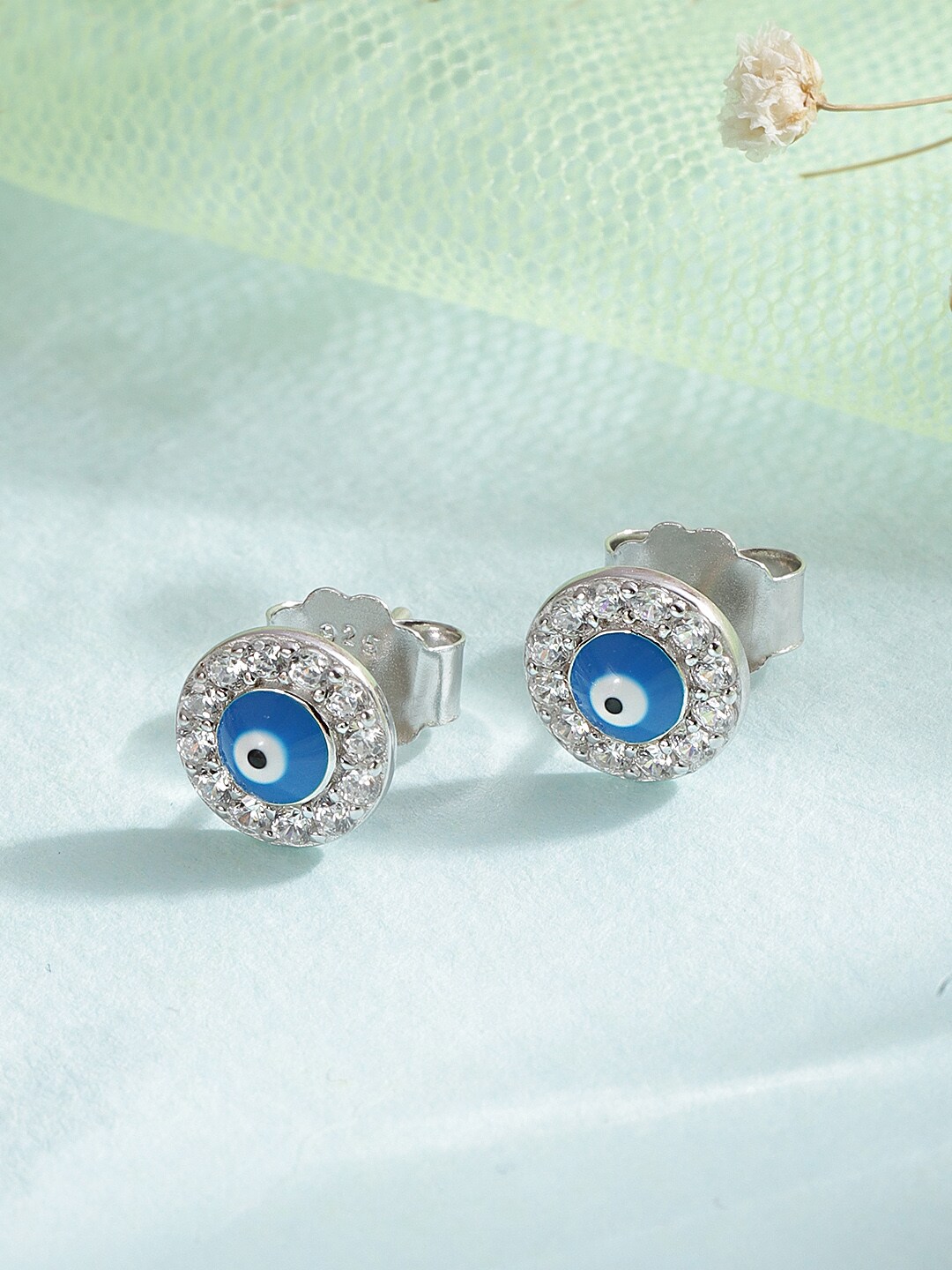 Zavya 925 Sterling Silver Rhodium-Plated Silver-Toned & Blue Evil Eye Circular Studs Price in India