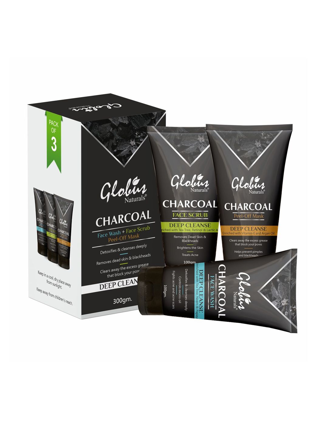 Globus naturals Activated Set of Charcoal Deep Cleanse Face Scrub-Wash & PeelOff Mask 300g