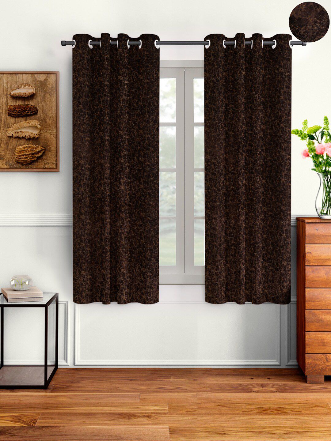 Cortina Brown Set of 2 Abstract Room Darkening Velvet Window Curtains Price in India