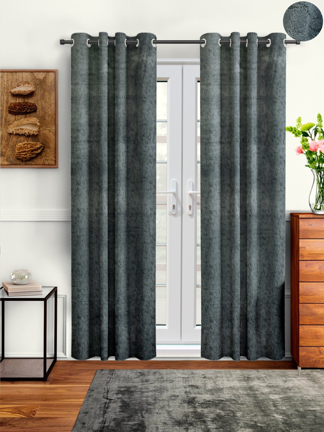 Cortina Grey Set of 2 Room Printed Darkening Long Door Curtain Price in India