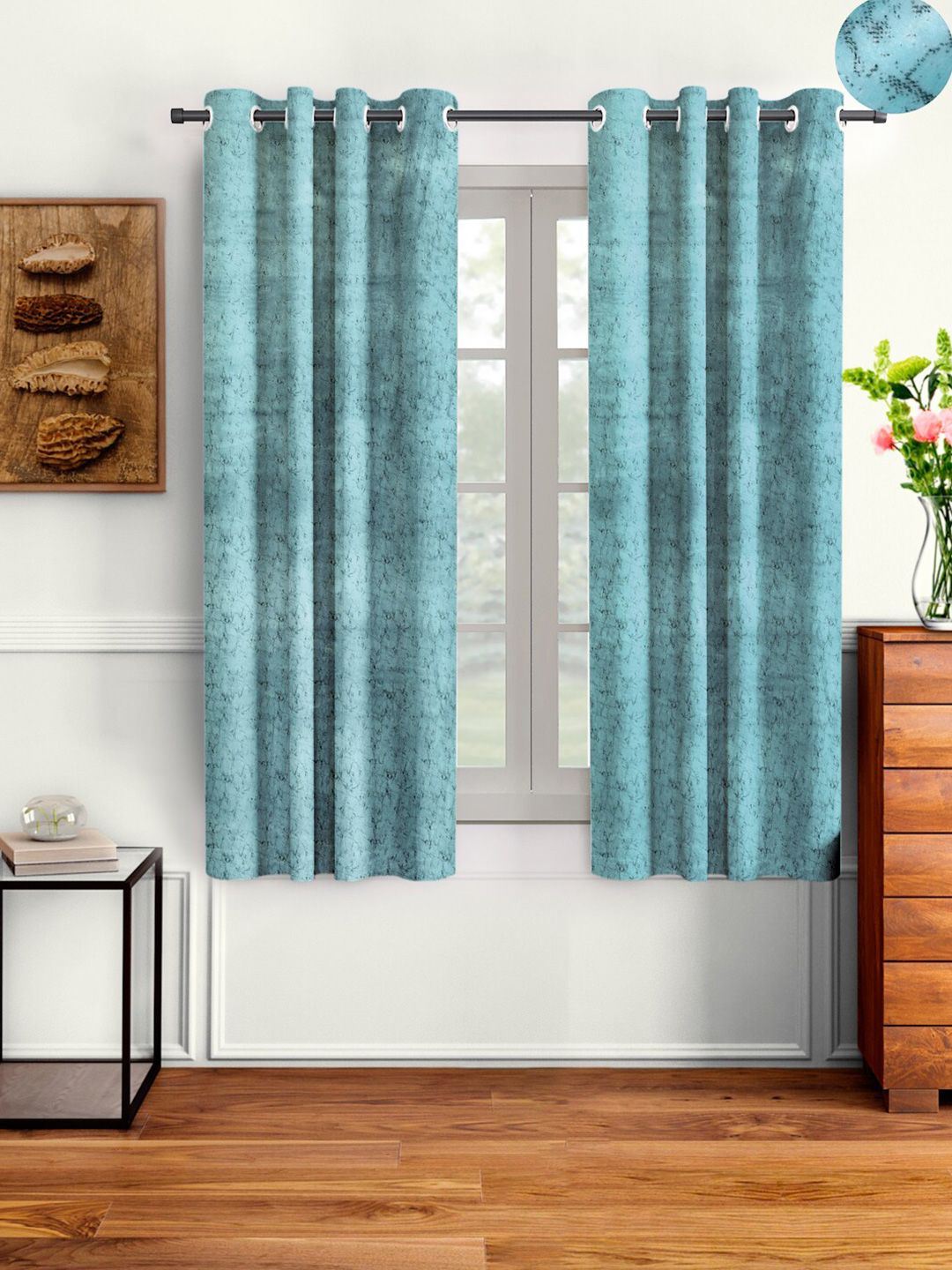 Cortina Turquoise Blue & Grey Set of 2 Printed Room Darkening Window Curtain