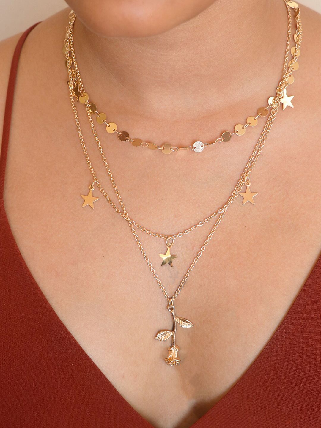 Ayesha Gold-Toned Gold-Plated Statement Rose & Star Sequin Pendant Layered Necklace Price in India