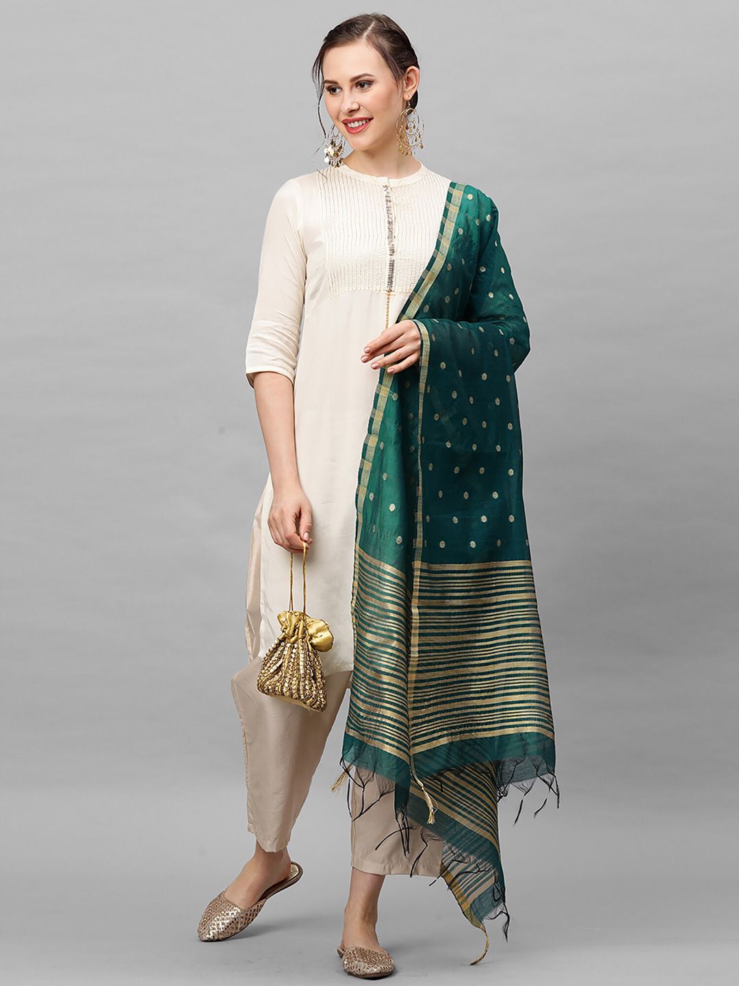 Indo Era Green Woven Design Art Silk Dupatta Price in India