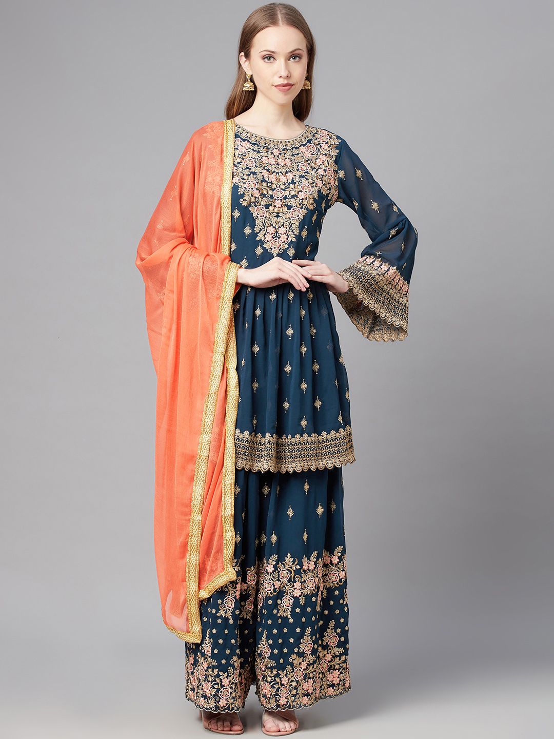 Readiprint Fashions Blue & Gold-Toned Floral Embroidered Unstitched Dress Material Price in India