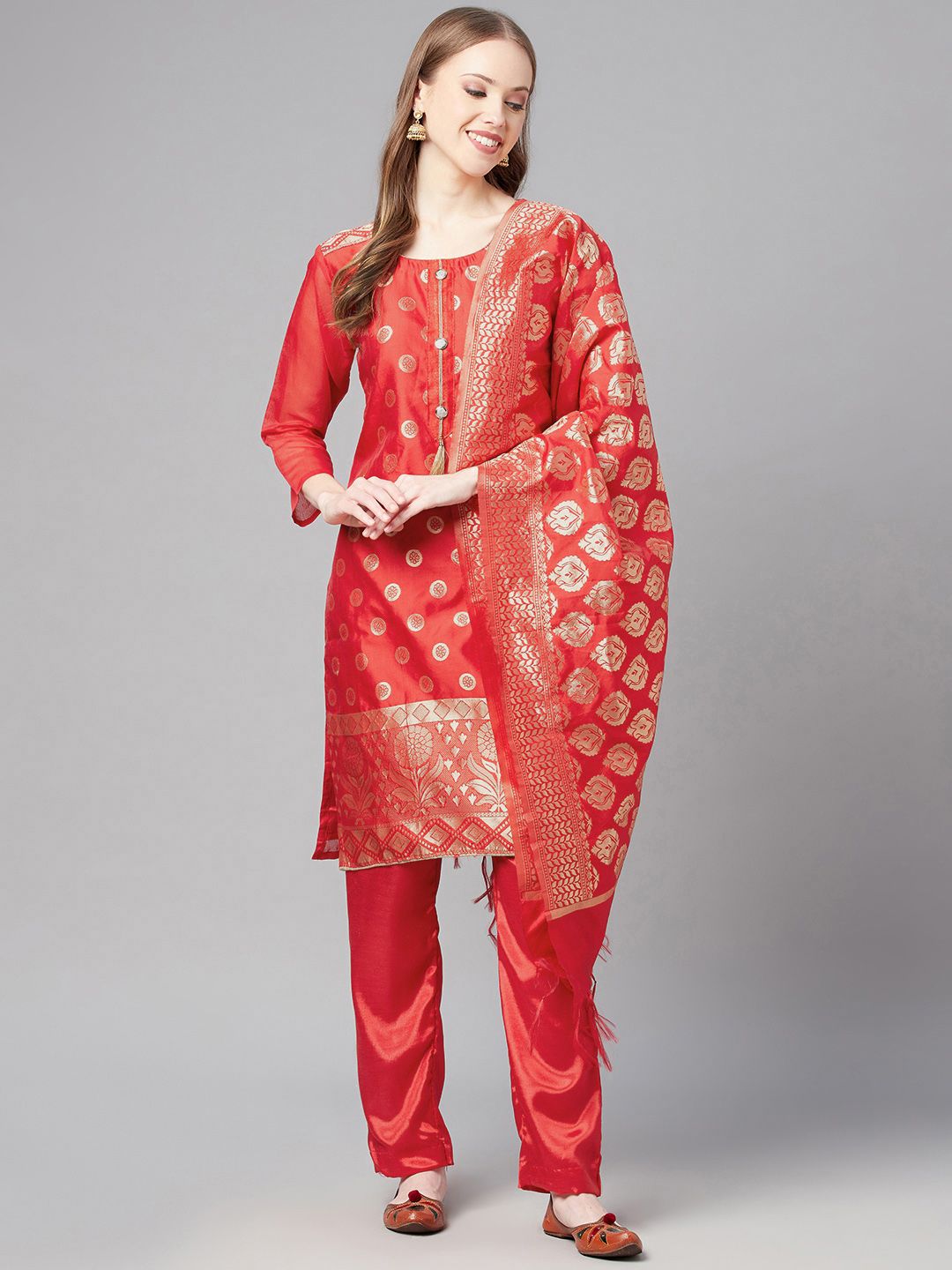 Readiprint Fashions Red & Gold-Toned Art Silk Woven Design Unstitched Dress Material Price in India