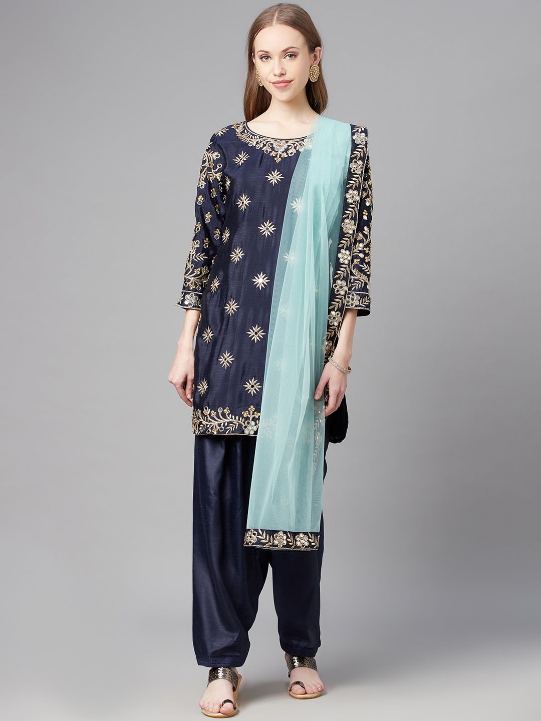 Readiprint Fashions Navy Blue & Gold-Toned Embroidered Art Silk Unstitched Dress Material Price in India