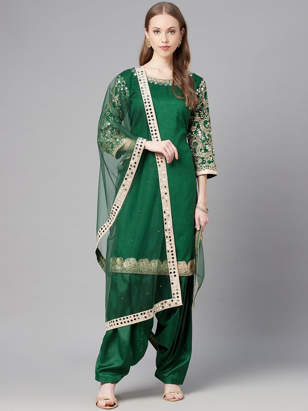 Readiprint Fashions Green & Gold-Toned Embroidered Art Silk Unstitched Dress Material Price in India