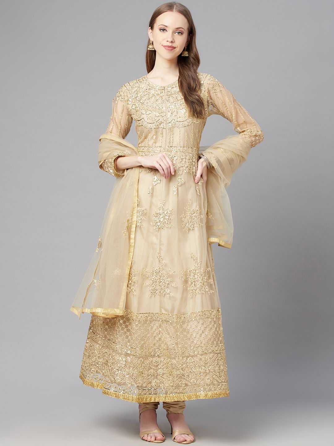 Readiprint Fashions Beige & Gold-Toned Embroidered Unstitched Dress Material Price in India