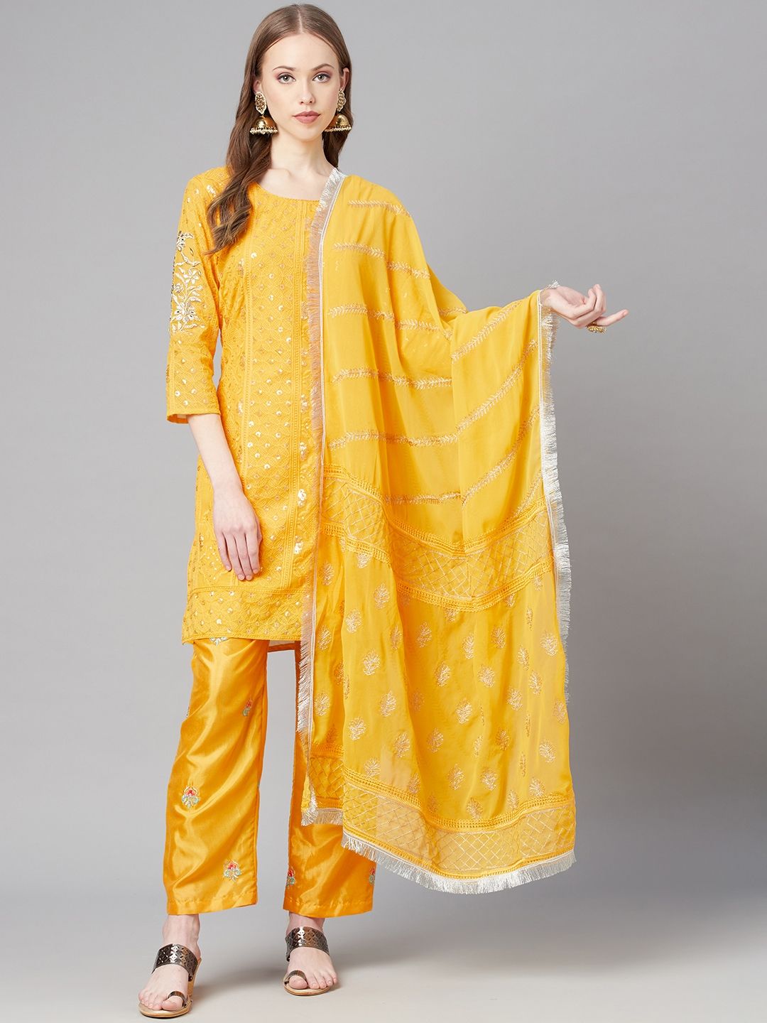 Readiprint Fashions Yellow Embroidered Unstitched Dress Material Price in India