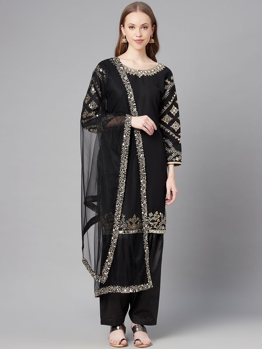 Readiprint Fashions Black & Gold-Toned Embroidered Art Silk Unstitched Dress Material Price in India