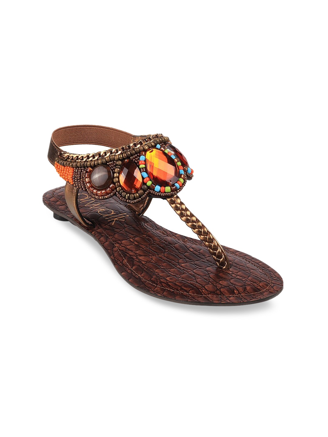 Catwalk Women Brown Ethnic Embellished African Wood T-Strap Flats Price in India