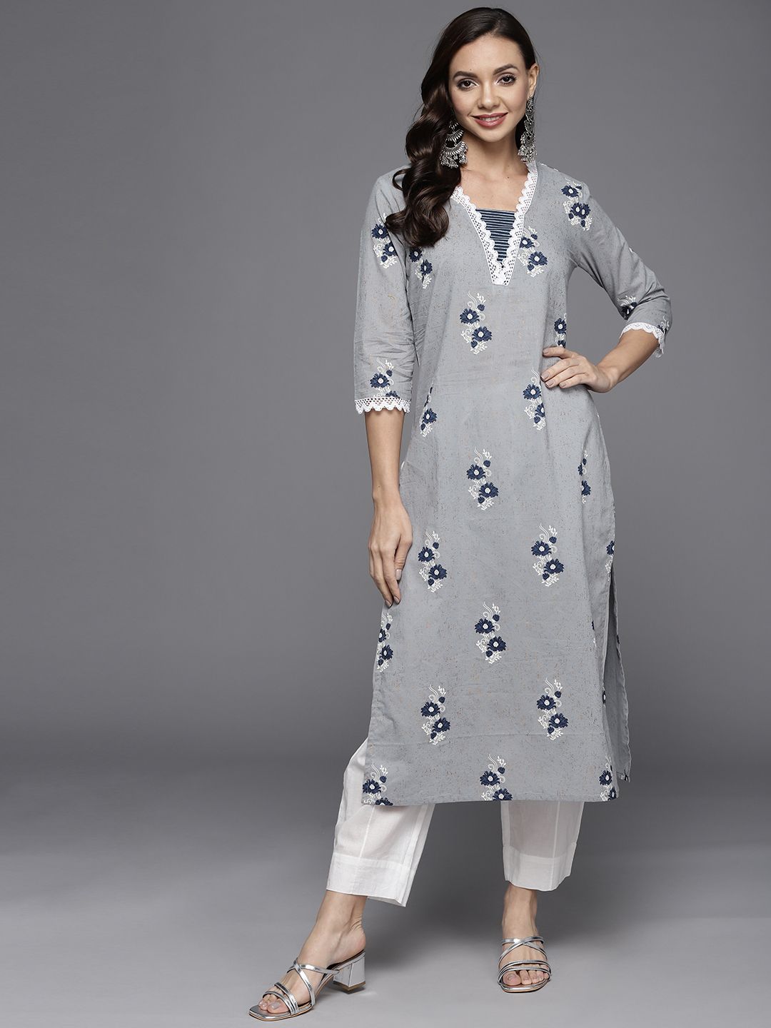 Indo Era Women Grey & Blue Floral Printed Pure Cotton Kurta Price in India