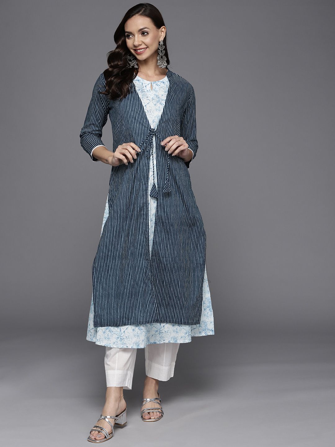 Indo Era Women Blue & White Printed Pure Cotton Kurta with Jacket Price in India