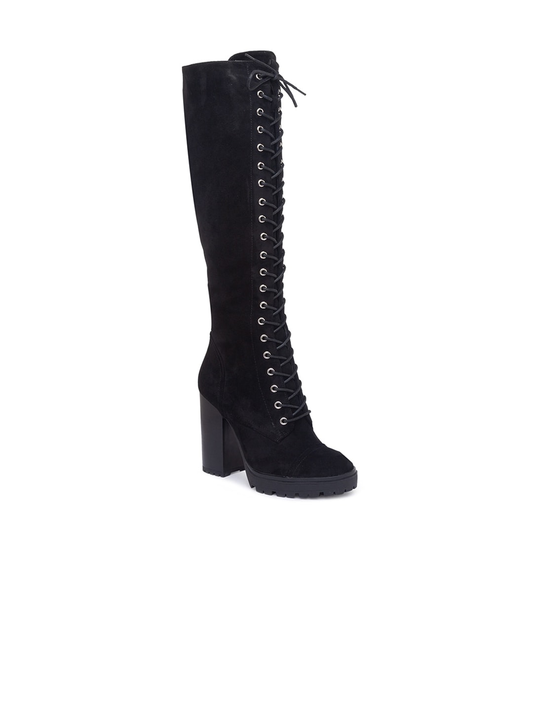 Sole To Soul Women Black Suede High-Top Block Heeled Boots Price in India
