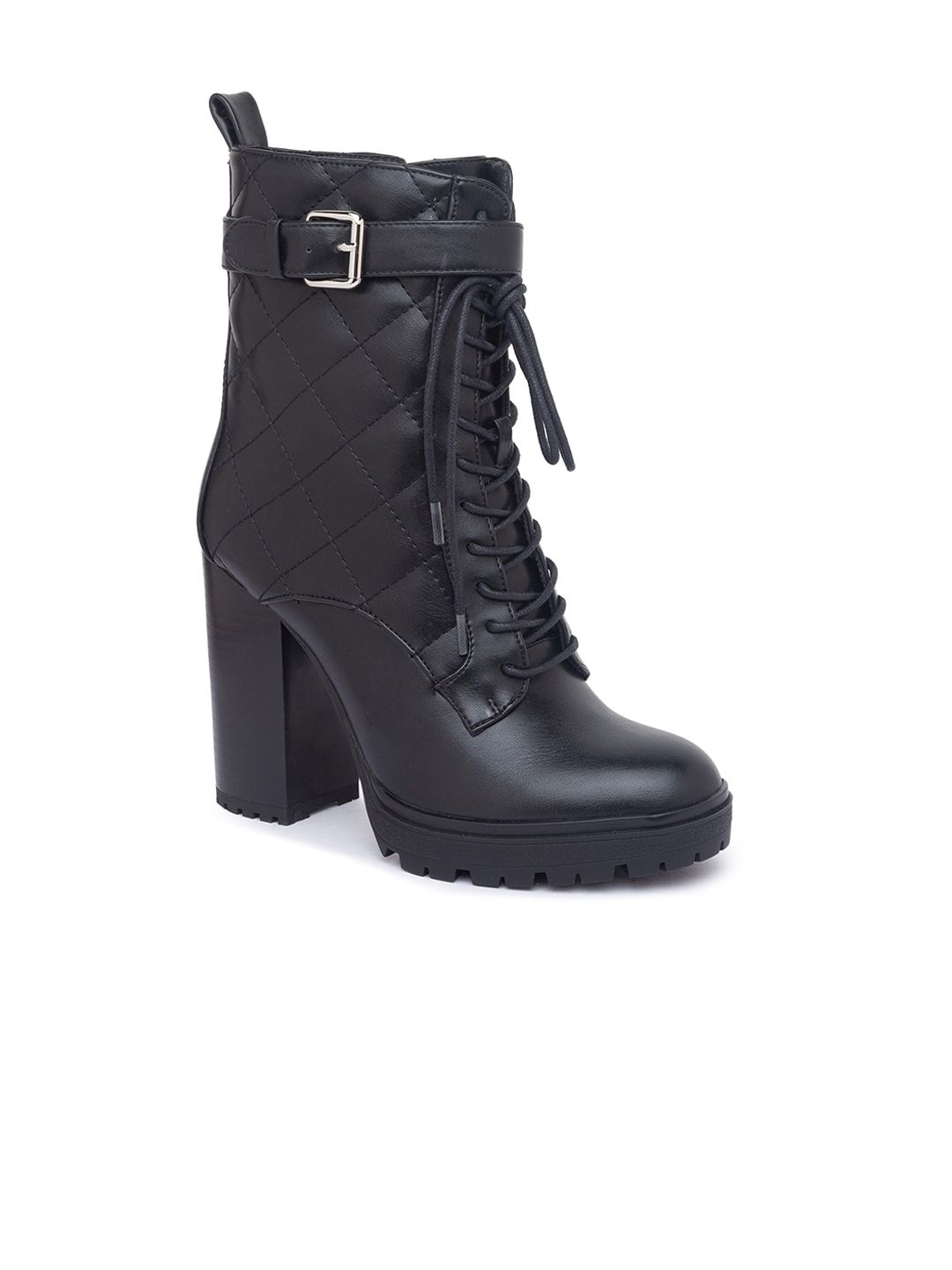 Sole To Soul Black Quilted High-Top Block Heeled Boots Price in India