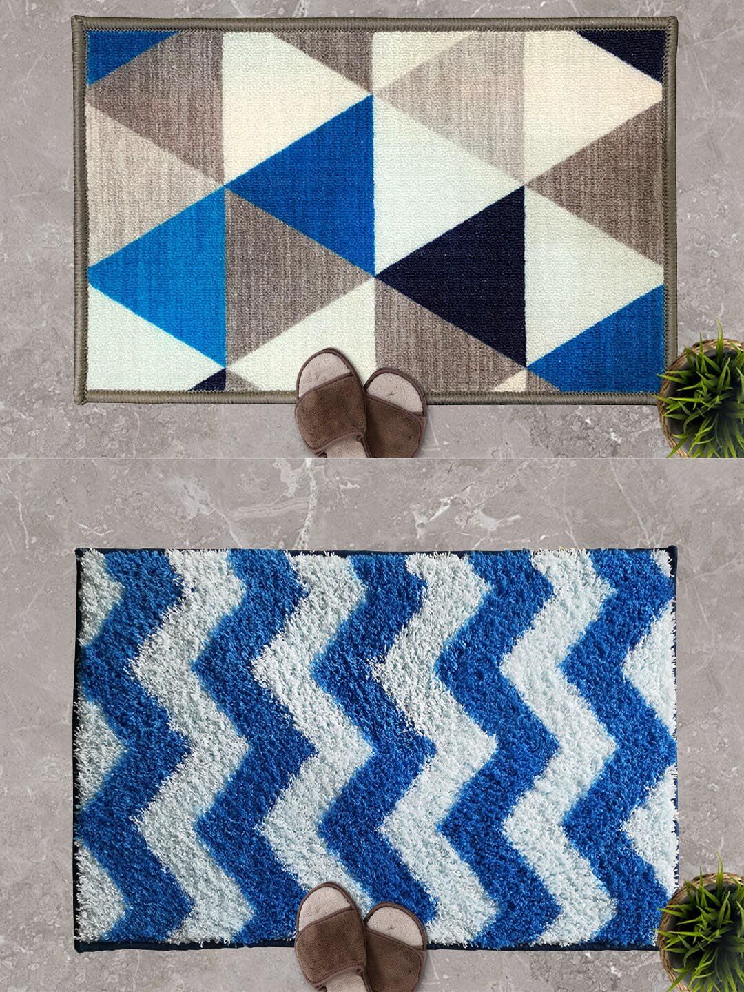 Athom Trendz Set of 2 Blue Zig Zag & Angel Designer Anti Skid  Doormats Price in India