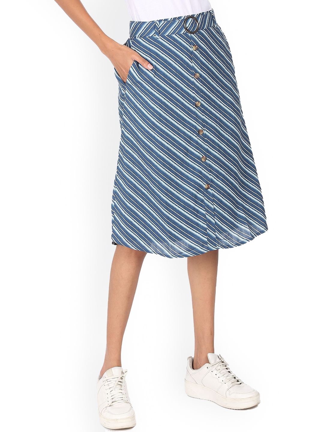 Sugr Women Blue Striped A- Line Skirt